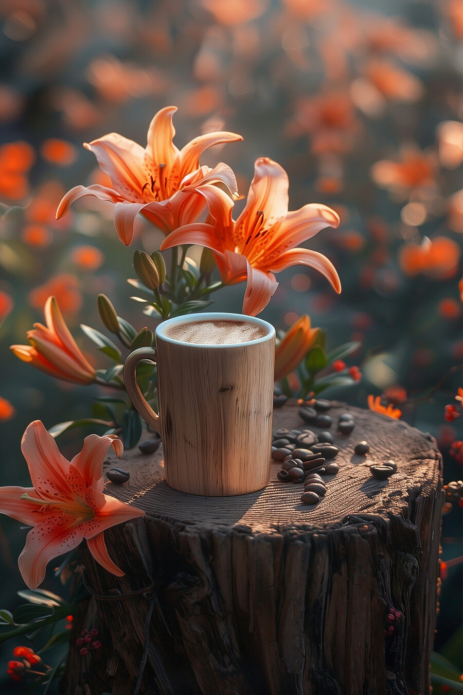 Kopje koffie op een stronk met oranje bloemen Kopje koffie op een stronk met oranje bloemen