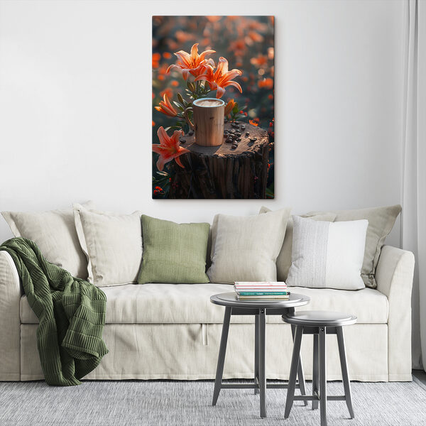 Kopje koffie op een stronk met oranje bloemen Kopje koffie op een stronk met oranje bloemen