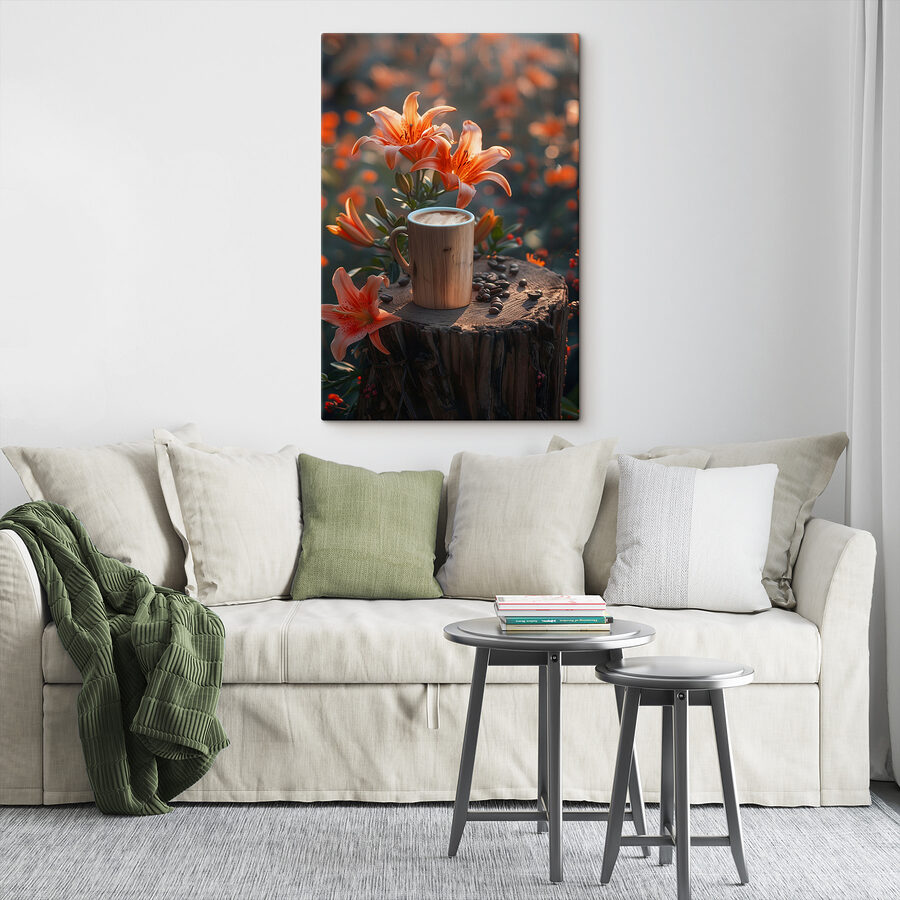 Kopje koffie op een stronk met oranje bloemen Kopje koffie op een stronk met oranje bloemen