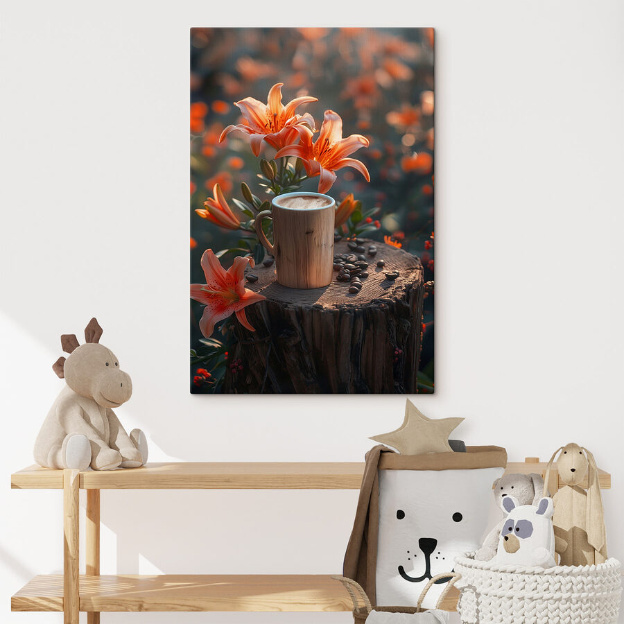 Kopje koffie op een stronk met oranje bloemen Kopje koffie op een stronk met oranje bloemen