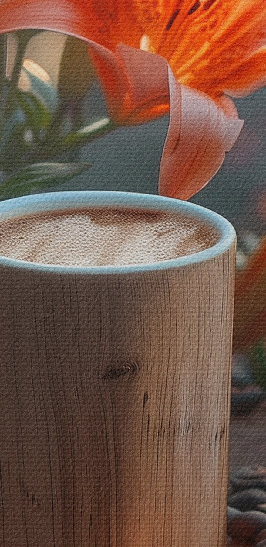 Kopje koffie op een stronk met oranje bloemen Kopje koffie op een stronk met oranje bloemen