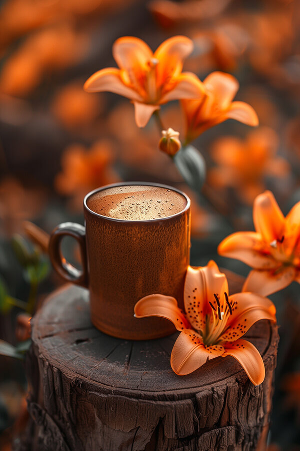 Koffiekopje en oranje bloemen Koffiekopje en oranje bloemen