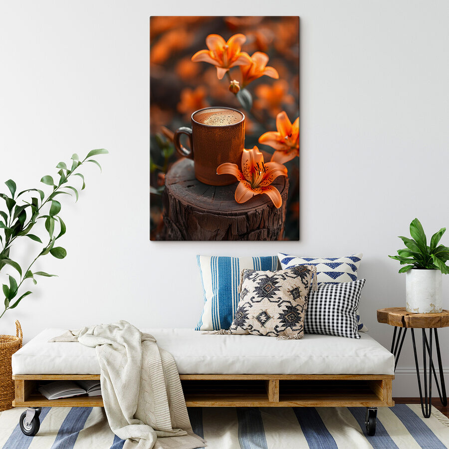 Koffiekopje en oranje bloemen