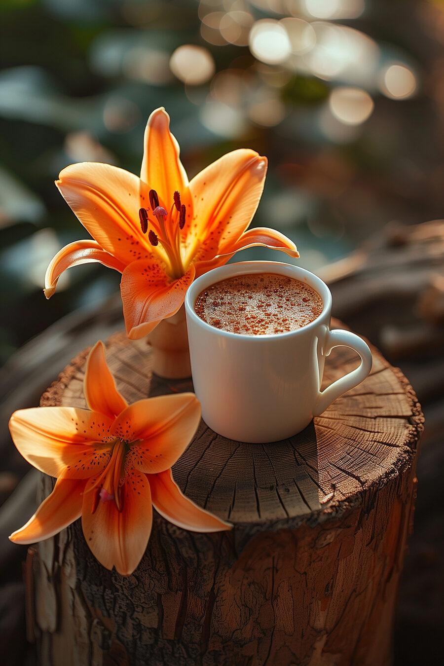 Kopje koffie en oranje bloemen Kopje koffie en oranje bloemen