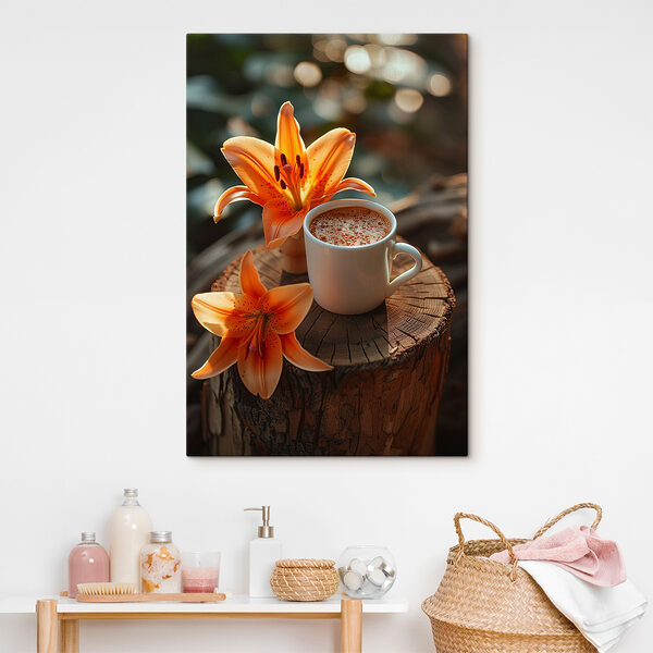 Kopje koffie en oranje bloemen Kopje koffie en oranje bloemen