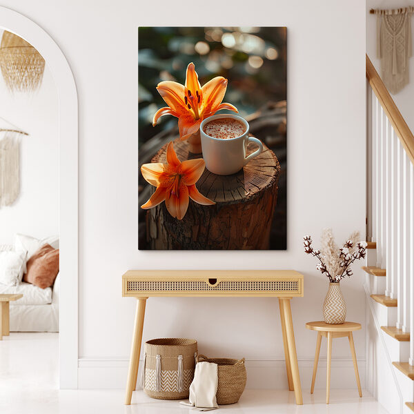 Kopje koffie en oranje bloemen Kopje koffie en oranje bloemen