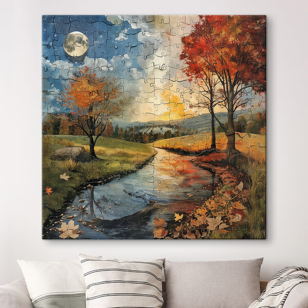Puzzel van een rivier met bomen en een maan Puzzel van een rivier met bomen en een maan
