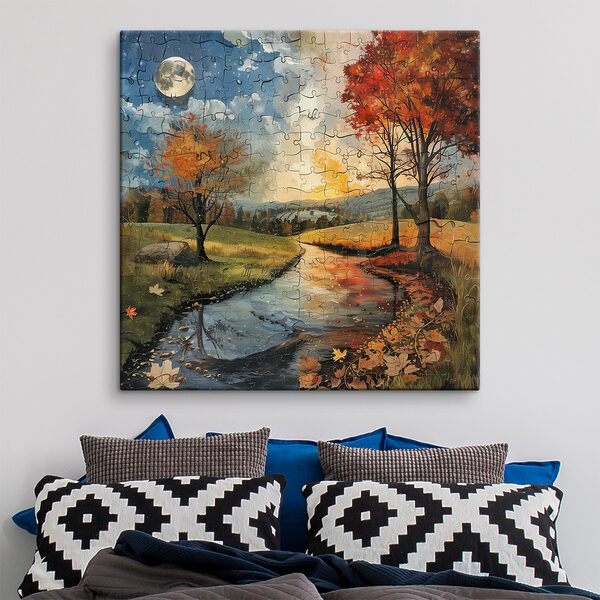 Puzzel van een rivier met bomen en een maan Puzzel van een rivier met bomen en een maan