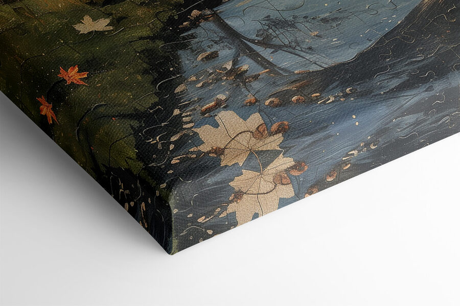 Puzzel van een rivier met bomen en een maan Puzzel van een rivier met bomen en een maan