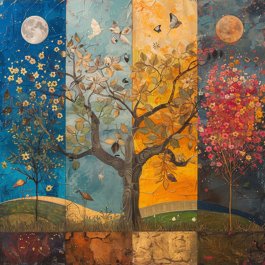 Schilderij van een boom met verschillende kleuren bomen en vogels