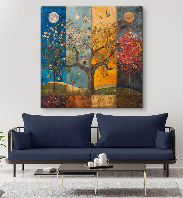 Schilderij van een boom met verschillende kleuren bomen en vogels Schilderij van een boom met verschillende kleuren bomen en vogels
