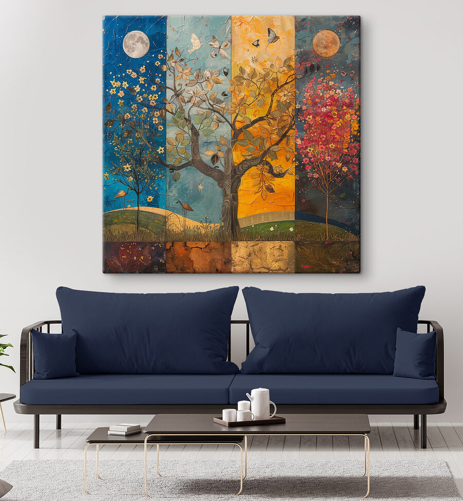 Schilderij van een boom met verschillende kleuren bomen en vogels