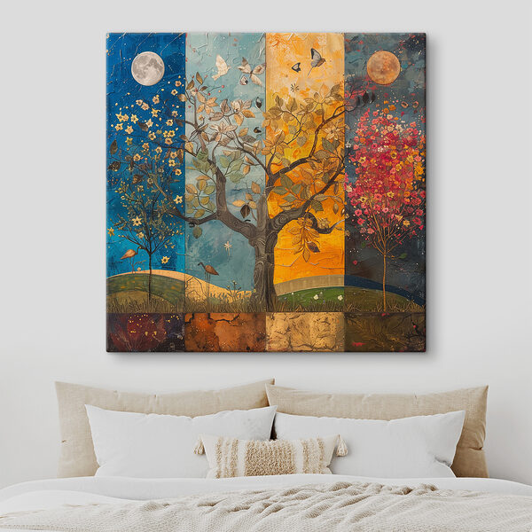 Schilderij van een boom met verschillende kleuren bomen en vogels Schilderij van een boom met verschillende kleuren bomen en vogels