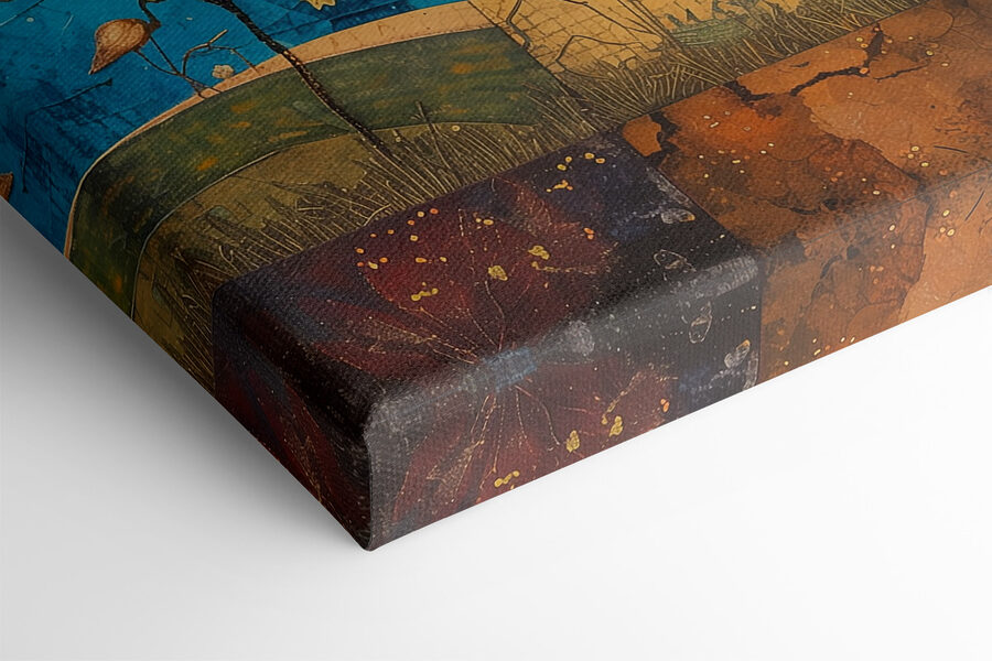 Schilderij van een boom met verschillende kleuren bomen en vogels