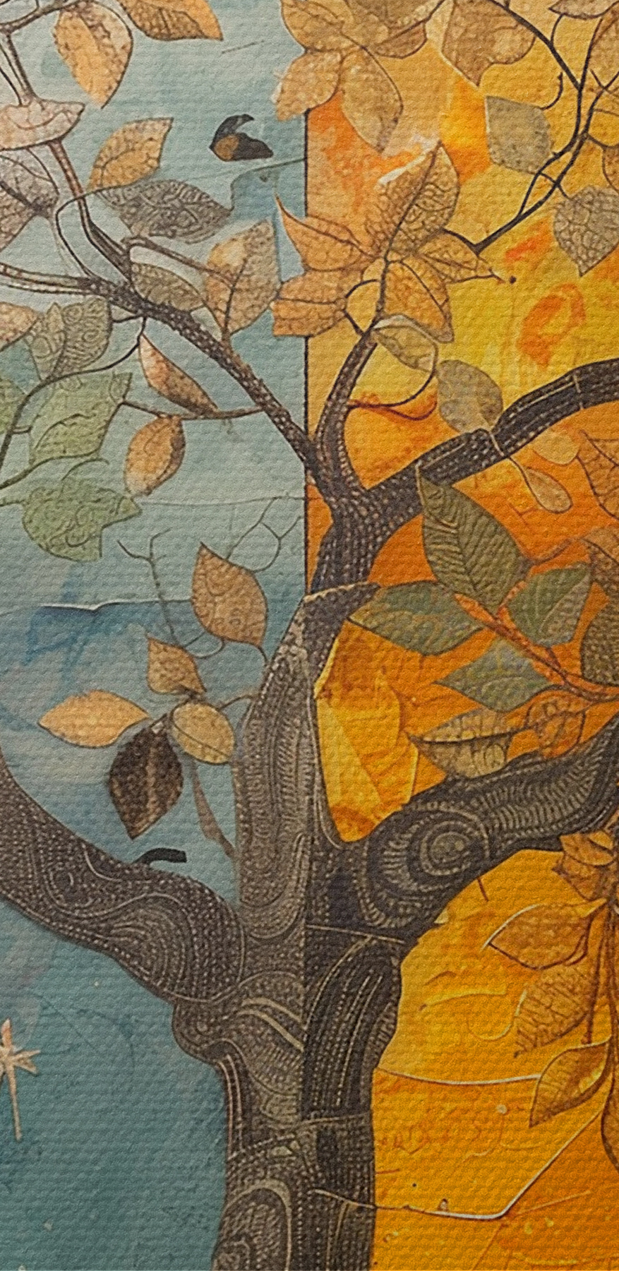 Schilderij van een boom met verschillende kleuren bomen en vogels