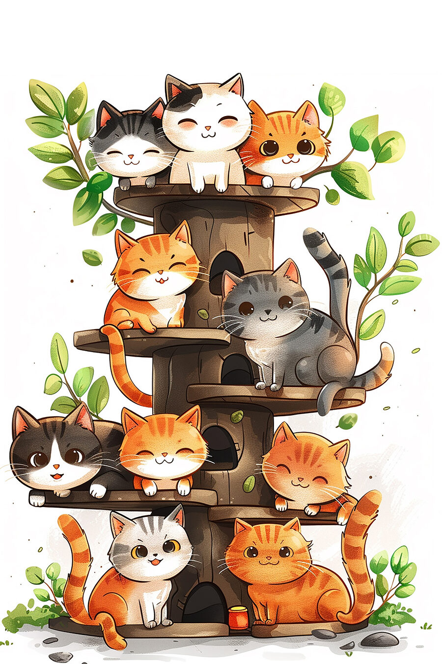 Groep katten op een boom