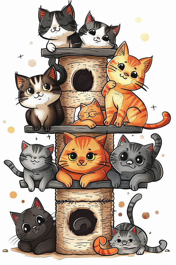 Groep katten op een toren Groep katten op een toren