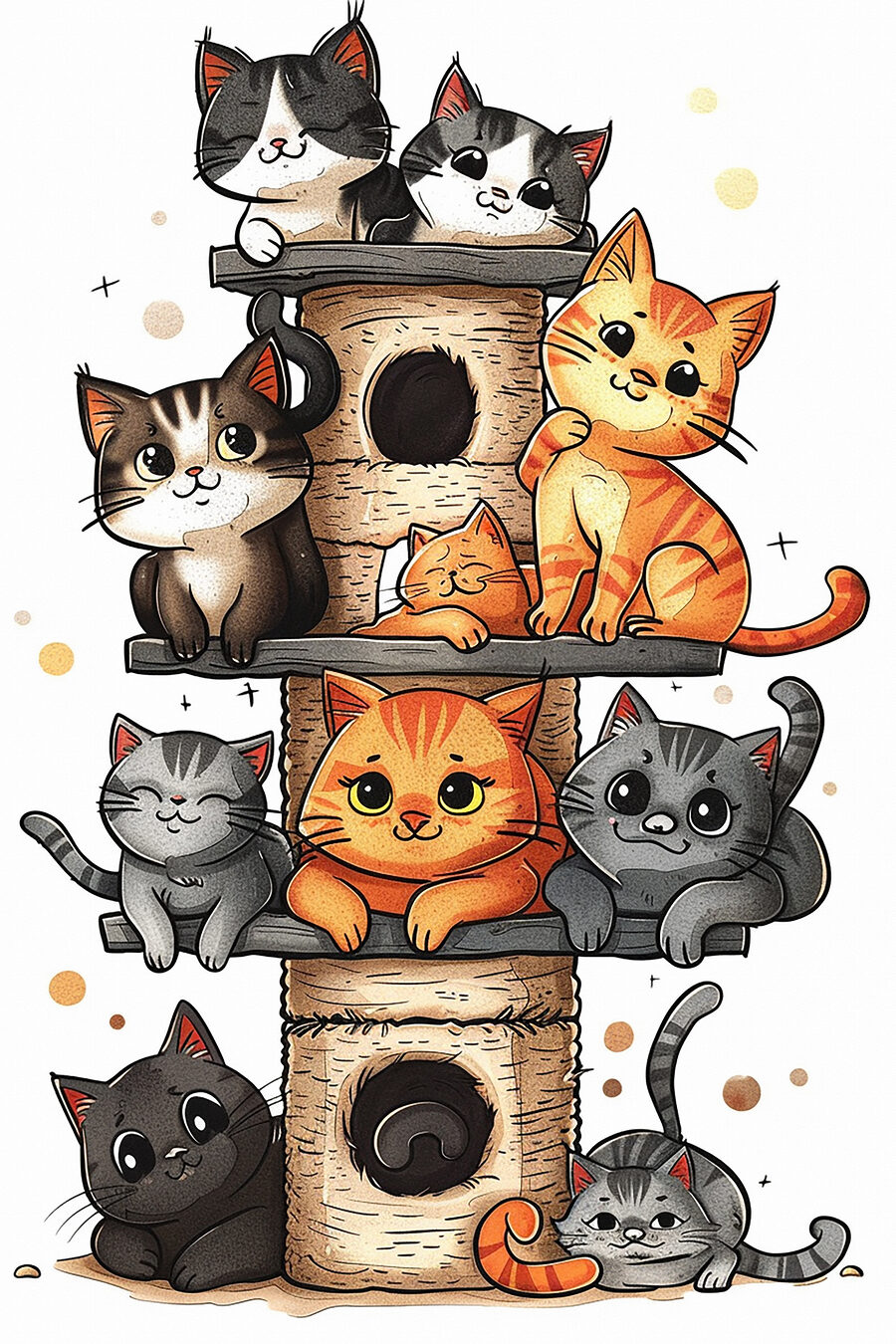 Groep katten op een toren