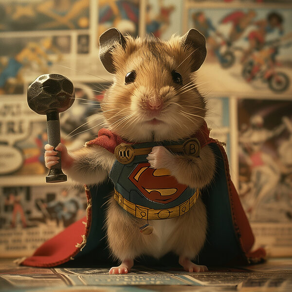 Hamster met cape en hamer Hamster met cape en hamer