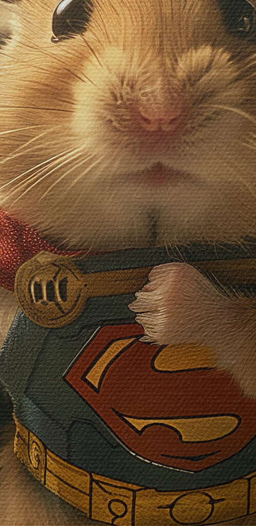 Hamster wearing a cape and holding a hammer