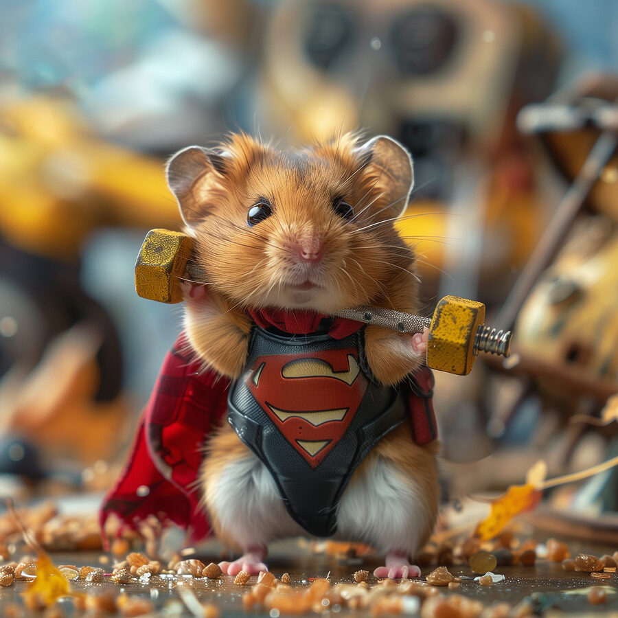 Hamster met een superheld-kledingstuk die een halter vasthoudt
