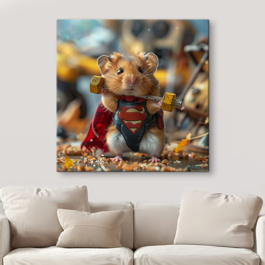Hamster met een superheld-kledingstuk die een halter vasthoudt