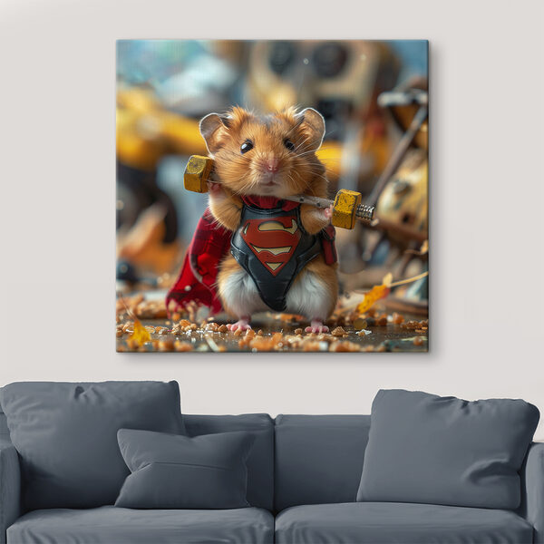 Hamster met een superheld-kledingstuk die een halter vasthoudt Hamster met een superheld-kledingstuk die een halter vasthoudt