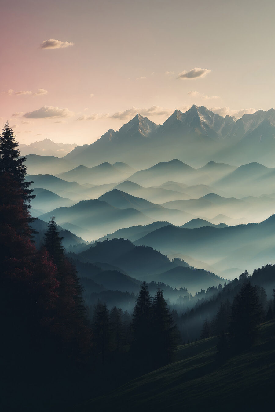 Bergketen met bomen en wolken