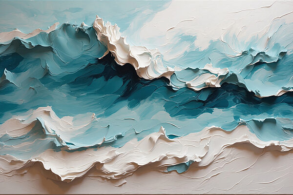 Painting of a mountain with white and blue waves