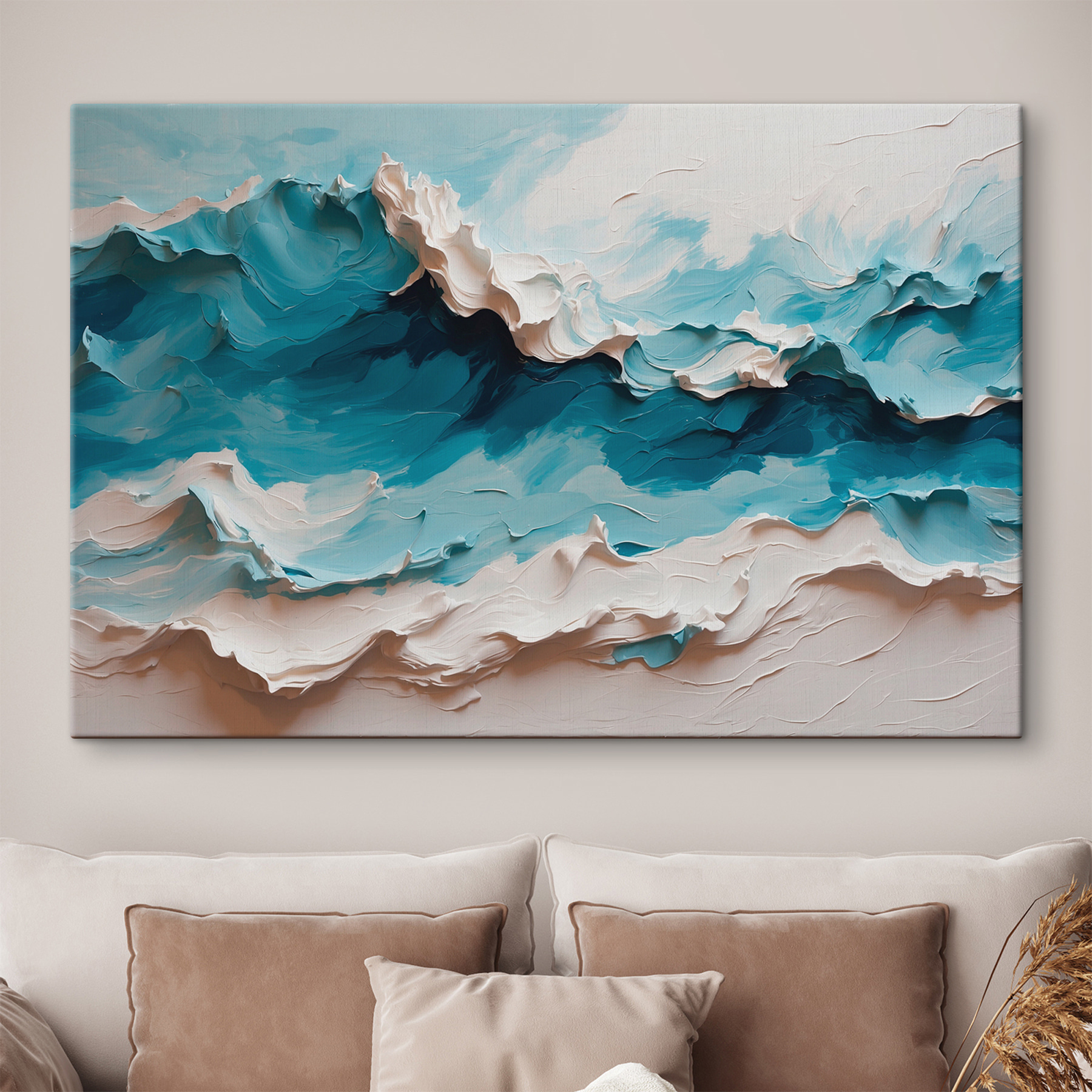 Painting of a mountain with white and blue waves