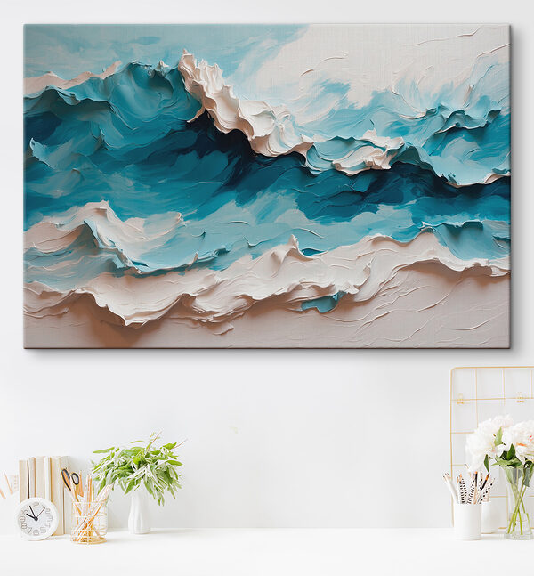 Painting of a mountain with white and blue waves