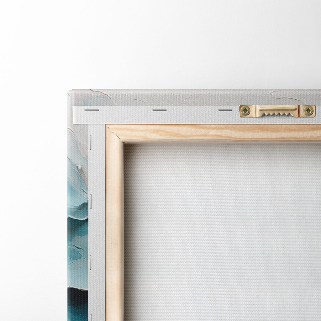 Painting of a mountain with white and blue waves