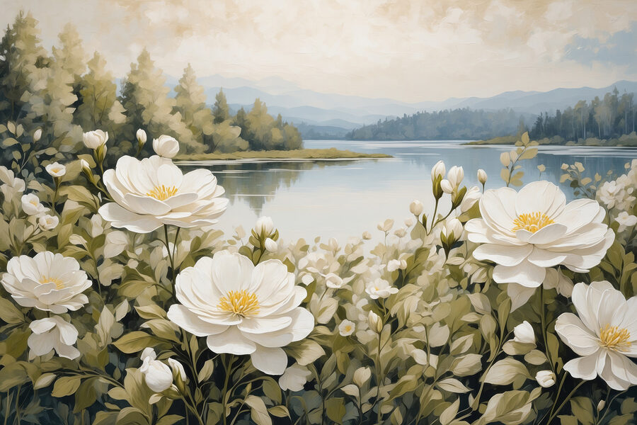 Schilderij van bloemen bij een meer