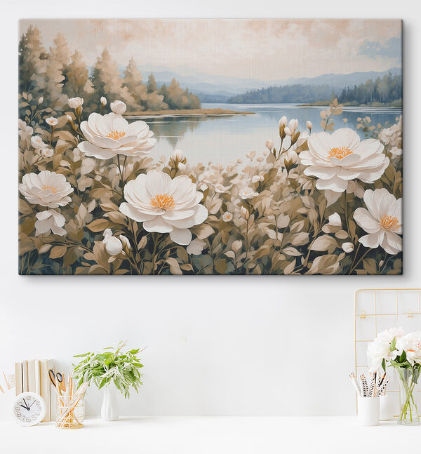 Schilderij van bloemen bij een meer Schilderij van bloemen bij een meer