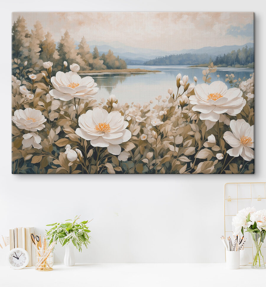 Schilderij van bloemen bij een meer