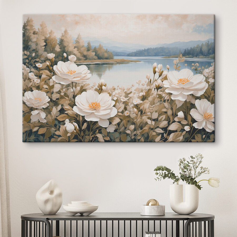 Schilderij van bloemen bij een meer