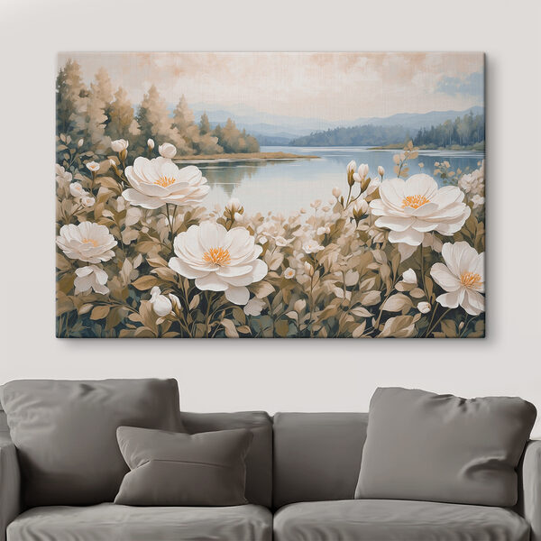Schilderij van bloemen bij een meer Schilderij van bloemen bij een meer