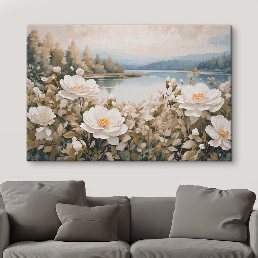 Schilderij van bloemen bij een meer