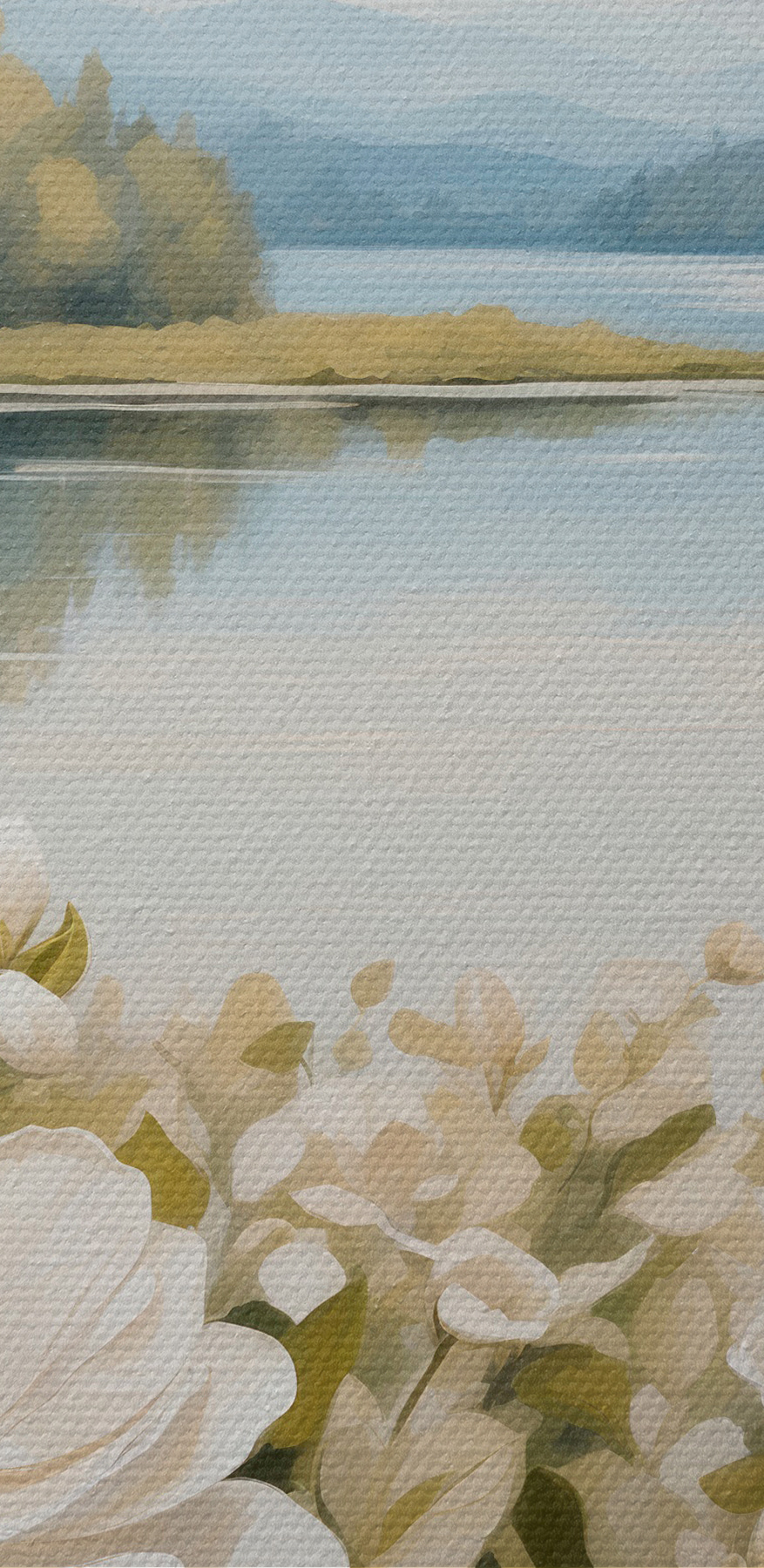 Schilderij van bloemen bij een meer