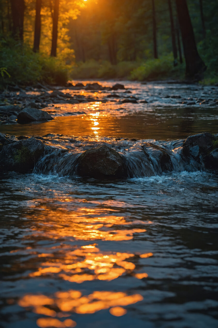 Rivier met rotsen en bomen op de achtergrond