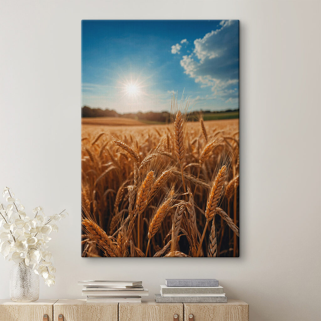 Field of wheat with the sun shining in the background