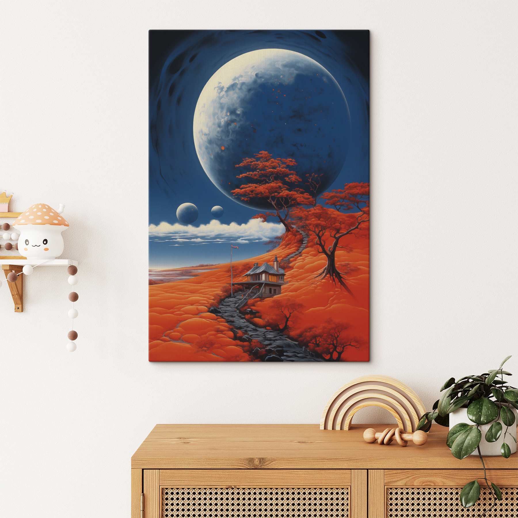 House on a hill with orange trees and a large moon House on a hill with orange trees and a large moon