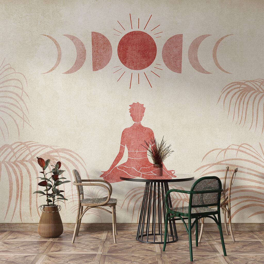 Person sitting in a lotus position with a sun and palm trees
