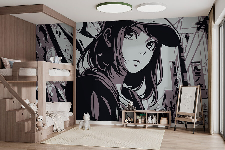 Fotobehang Spotprent van een vrouw met hoed