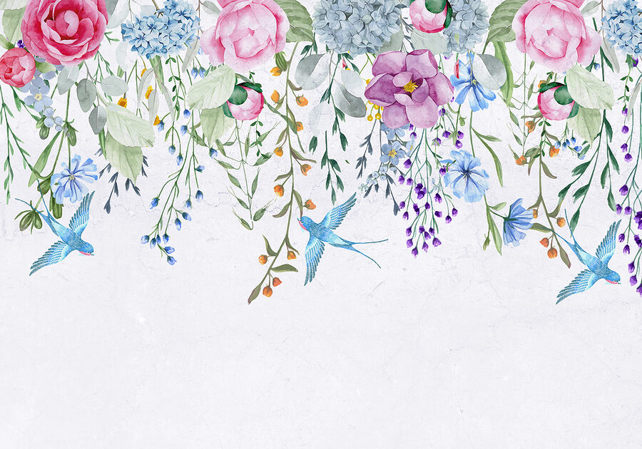 Bloemenrand met bloemen en vogels