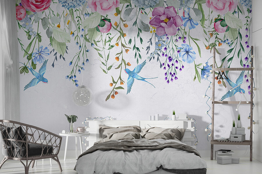 Bloemenrand met bloemen en vogels