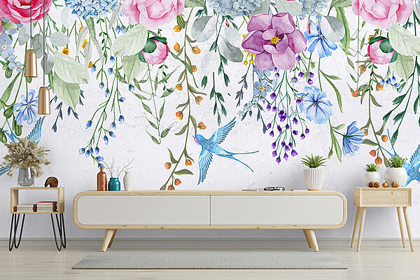 Bloemenrand met bloemen en vogels Bloemenrand met bloemen en vogels