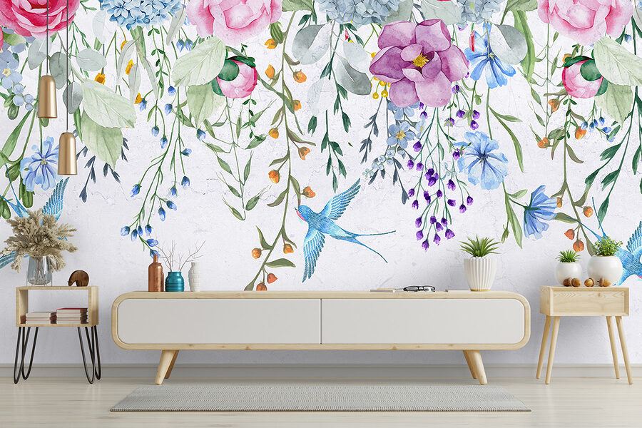 Bloemenrand met bloemen en vogels