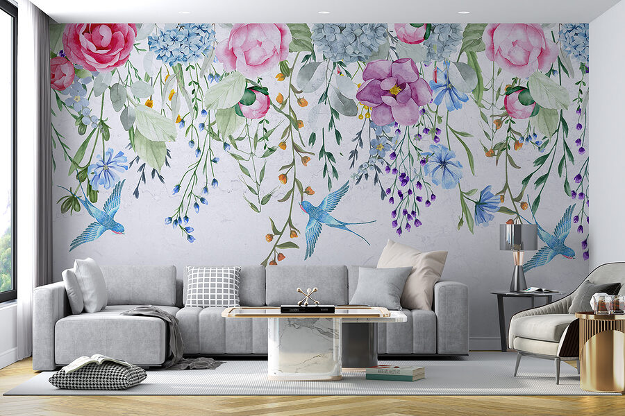 Bloemenrand met bloemen en vogels