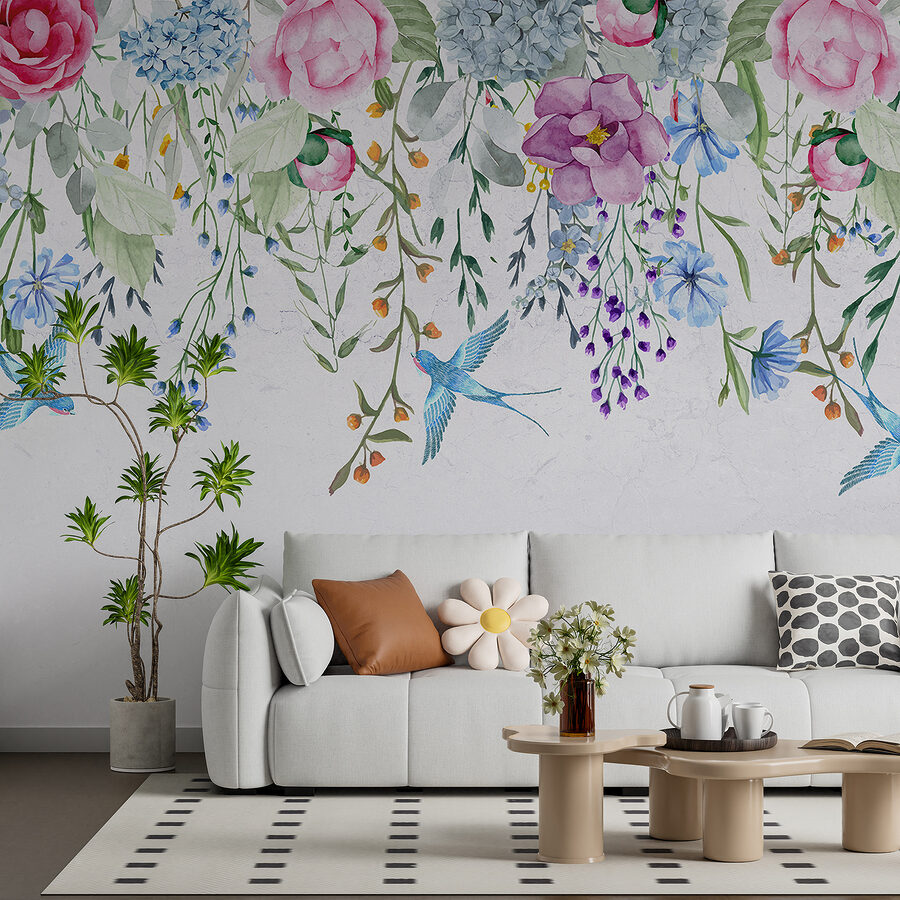 Bloemenrand met bloemen en vogels